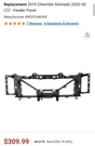 2015-2019 Chevy Silverado Front Header Panel Radiator Support Grille 85632905. Fixed Price $125.00.